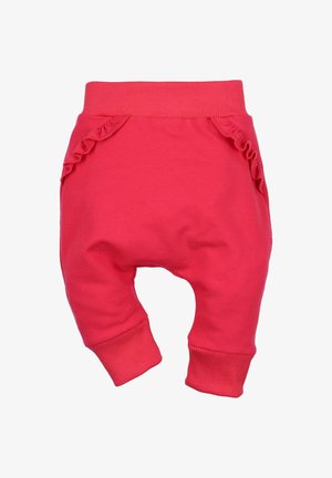 Pantalons pour bébé en coton rouge avec une taille élastique douce, présentant des accents de volants sur les côtés et des jambes effilées pour un confort optimal.