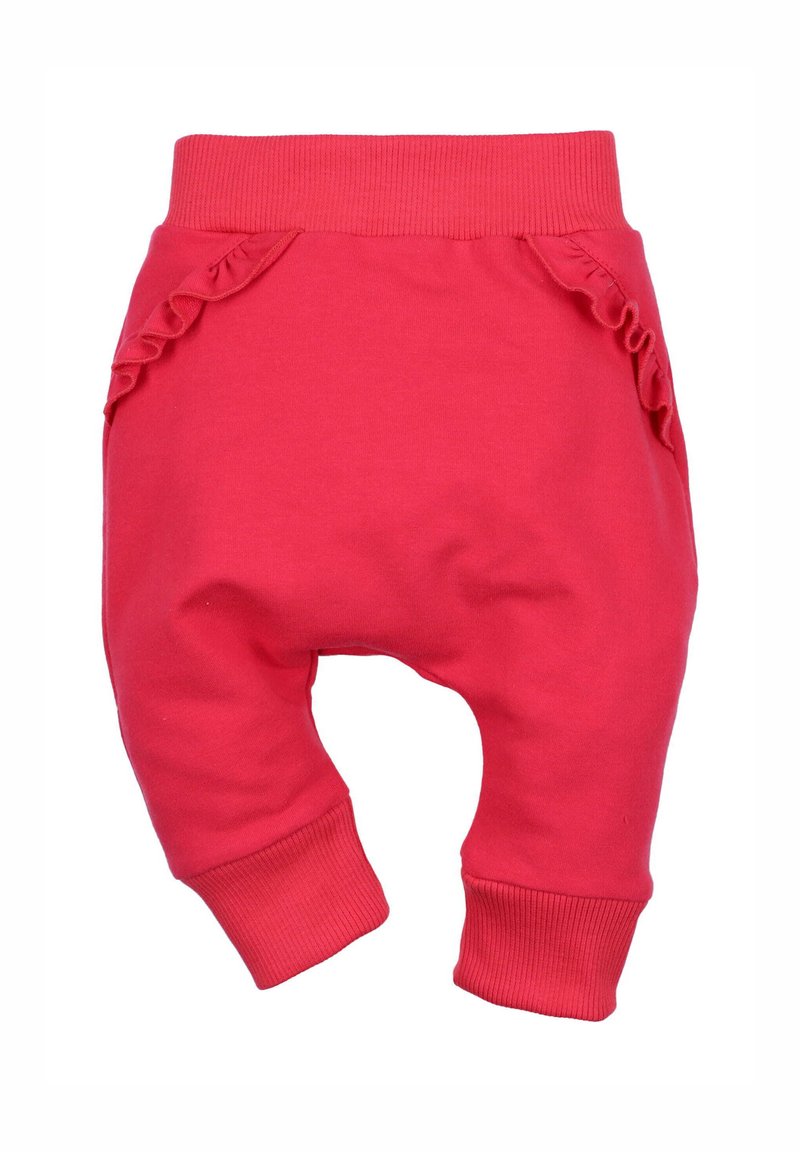 Rode katoenen babybroekjes met een zachte elastische tailleband, voorzien van ruches aan de zijkanten en taps toelopende pijpen voor optimaal comfort.