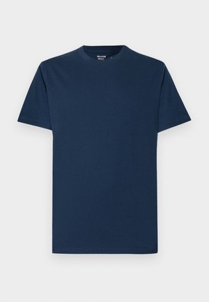 Navy blue cotton t-shirt with a round neckline and short sleeves. Smooth texture, plain design; no visible patterns or hardware details.