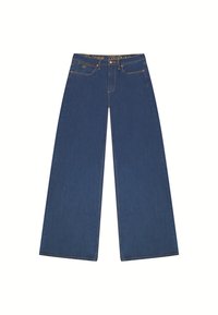 Pantaloni in denim a gamba larga di colore blu scuro. Presentano una vita alta con dettaglio del logo, cinque tasche e cuciture gialle lungo le cuciture.