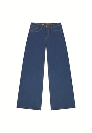 Pantalons en denim à jambes larges de couleur bleu foncé. Dotés d'une taille haute avec un détail de logo, de cinq poches, et de coutures jaunes le long des seams.