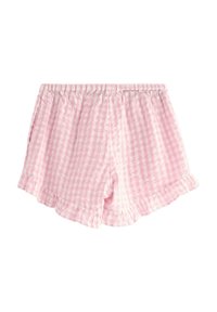 Rosa gingham-shorts i ett lättviktigt tyg. Har midjeband i elastisk resår och en volangkant. Två synliga sidofickor.