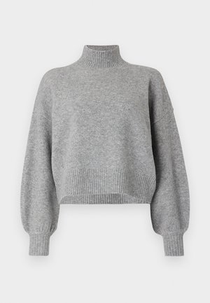 Gray cropped sweater with a high neckline, ribbed cuffs and hem, and dropped shoulders. Soft texture with minimal seams.