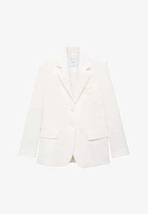 Vit kavaj med skräddarsydd silhuett, spetsiga slag, två framfickor och knappstängningar. Slät tyg med minimal textur.