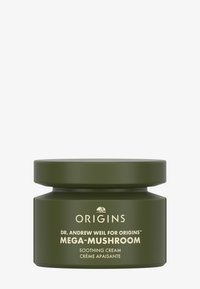 Groene cilindervormige pot met een gladde matte afwerking, gouden tekst met de woorden "Origins Mega-Mushroom Soothing Cream" en een vlak deksel.