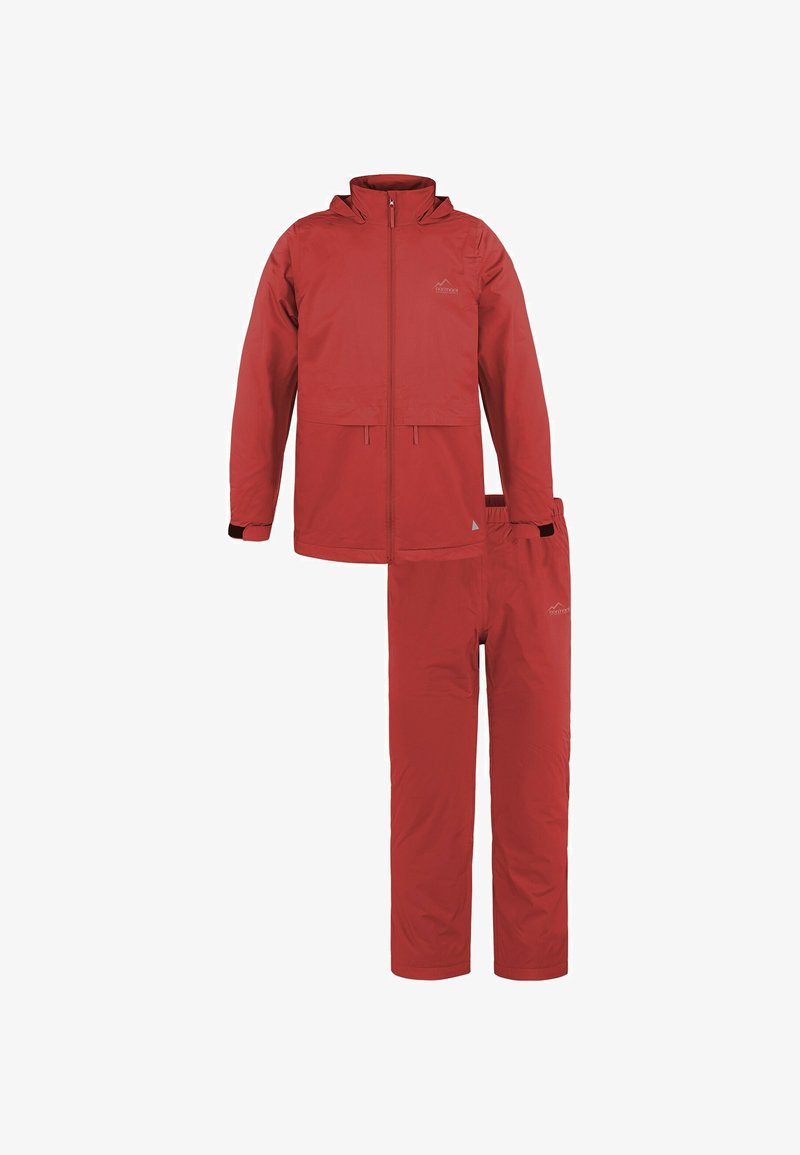 Rotes wasserdichtes Jacken- und Hosen-Set aus leichtem, strapazierfähigem Material. Mit Kapuze, Reißverschluss und verstellbaren Bündchen.