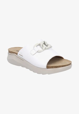 White slide sandal featuring an open toe, textured strap with a chain accent, and a light-colored rubber sole for comfort.