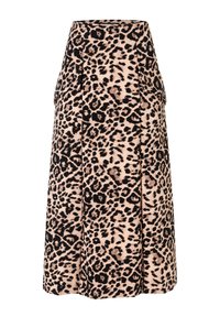 Hoch taillierter Midirock mit beigem und schwarzem Leopardenmuster und seitlichen Taschen.