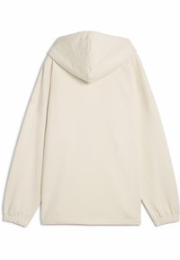 Krémová mikina s uvolněným střihem, dlouhými rukávy, kapucí na šňůrku a elastickými manžetami. Hladká textura s minimálními designovými detaily.