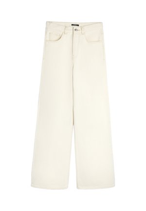 Spodnie o szerokich nogawkach w odcieniu ecru z denimu, w fasonie z wysokim stanem, z zapięciem na guziki oraz klasycznym pięciopocketowym wzorem i czystymi szwami.