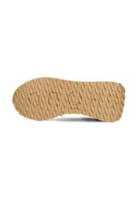 Rubber shoe sole, light brown with a textured surface featuring oval patterns, and raised accents. Smooth edges and curved outline.