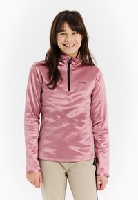 Lichtroze fleece met rits en een staande kraag, lange mouwen en een soepele textuur. Voorzien van een zwart logo op de borst.