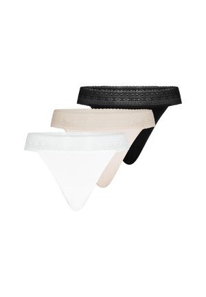 Three lace waistband thong panties in black, beige, and white, arranged overlapping on a white background.