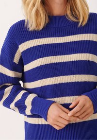 Blauw en crèmekleurige gestreepte gebreide trui met een hoge halslijn en ribgebreide manchetten. Zachte textuur, gemiddelde dikte en een comfortabele pasvorm.