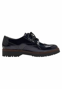 Chaussures en cuir verni noir avec des détails brogue, à lacets, bout rond et semelle noire robuste. Coutures et accents décoratifs inclus.