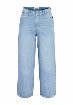 Jean taille haute bleu clair à jambes larges avec bouton avant, fermeture éclair, passants de ceinture et deux poches avant.