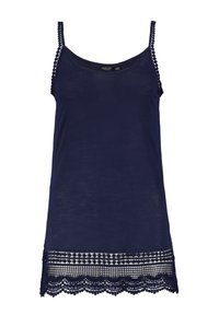 Navyblaue Spaghettiträgertop mit feiner Spitzendekoration am Saum und strukturiertem Stoff. Einfaches, lässiges Design.
