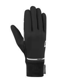 Schwarzer wasserdichter Handschuh mit glatter Oberfläche, der einen engen Sitz, Touchscreen-Kompatibilität und ein reflektierendes Logo am Handgelenk aufweist.