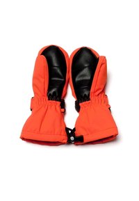 Muffole impermeabili con un'esterno arancione e palmi in pelle nera, dotate di polsini elasticizzati e cinghie regolabili per una vestibilità sicura.