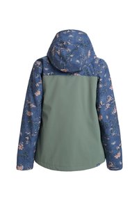 Colorful waterproof jacket with a floral pattern on blue fabric; solid green back and sleeves. Features a hood and a smooth texture.