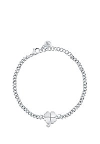 Braccialetto in argento con ciondolo a quadrifoglio, finitura liscia e piccolo accento di cristallo; chiusura a moschettone.