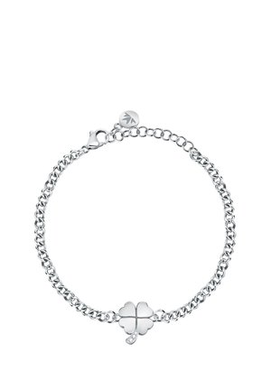 Braccialetto in argento con ciondolo a quadrifoglio, finitura liscia e piccolo accento di cristallo; chiusura a moschettone.