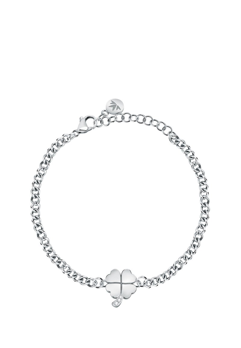 Braccialetto in argento con ciondolo a quadrifoglio, finitura liscia e piccolo accento di cristallo; chiusura a moschettone.