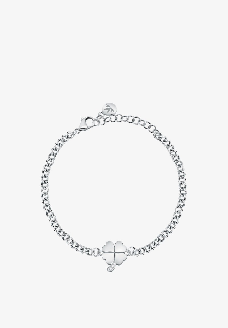 Braccialetto in argento con ciondolo a quadrifoglio, finitura liscia e piccolo accento di cristallo; chiusura a moschettone.