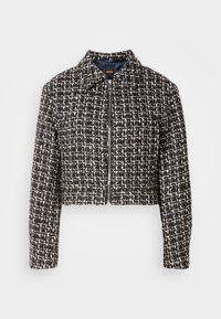 Zwart-wit geruit cropped jack met rits aan de voorkant en kraag, gestructureerde stof en lange mouwen.