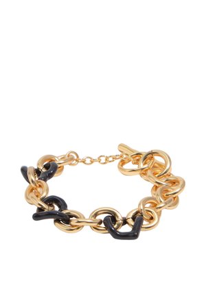 Goldenes Kettenarmband mit ineinandergreifenden runden und V-förmigen schwarzen Emaillegliedern und einem Knebelverschluss.