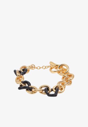 Goldenes Kettenarmband mit ineinandergreifenden runden und V-förmigen schwarzen Emaillegliedern und einem Knebelverschluss.