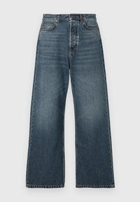 Kõrge vöökohaga, laiad sinised teksad ees pockets, vööaasade ja nööbiligiga, valmistatud keskmise pesu denim kangast.