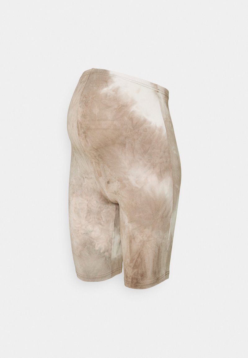 Shorts extensibles tie-dye beige et blanc longueur genou avec une texture lisse et une coupe ajustée.
