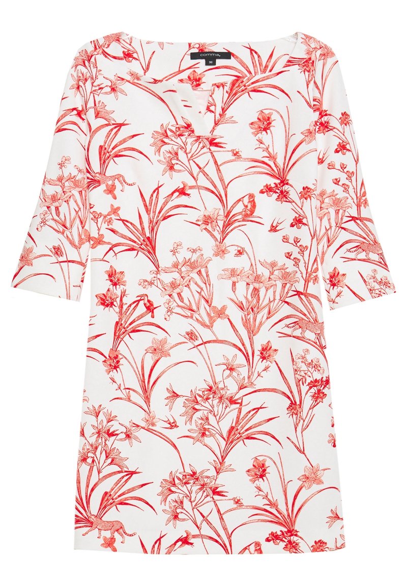 Bílé šaty s červeným květinovým vzorem, s výstřihem do V a tříčtvrtečními rukávy. Vyrobené z lehké tkaniny.