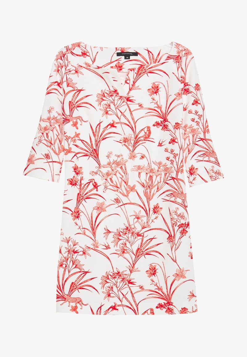 Bílé šaty s červeným květinovým vzorem, s výstřihem do V a tříčtvrtečními rukávy. Vyrobené z lehké tkaniny.