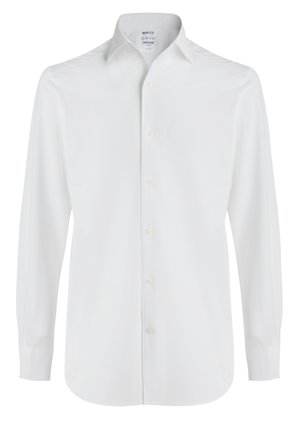 Biała koszula z długim rękawem, uszyta z gładkiej bawełny, z klasycznym kołnierzem, zapięciem na guziki z przodu oraz zaokrąglonym dołem z guzikowymi mankietami.