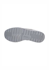 Gray rubber sole with horizontal and vertical grooves. Textured for grip, featuring a logo imprint and size markings.