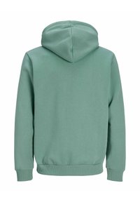 Egyszerű, tompa zöld színű, kapucnis pulóver hátulról, hosszú ujjakkal, bordás mandzsettákkal és szegéllyel.