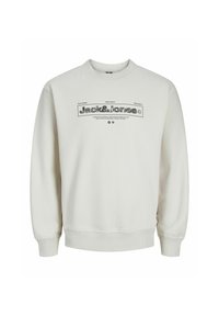 Crème-kleurige sweatshirt met een ronde hals, ribgebreide manchetten en zoom, met een zwart grafisch logo op de voorkant. Zachte textuur, casual ontwerp.