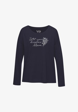 Marineblaues Langarm-T-Shirt aus weichem Stoff mit Rundhalsausschnitt. Auf der Vorderseite ist in weißen Buchstaben und mit einer floralen Grafik der Spruch "Lass deine Träume blühen" zu sehen.