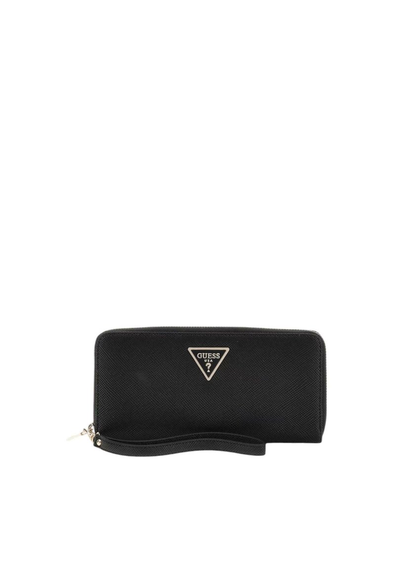 Portefeuille noir avec une surface texturée, fermeture éclair et un badge logo triangulaire en argent. Comprend une sangle pour un transport facile.