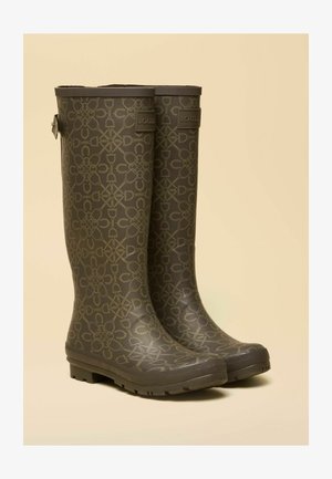 Grüne Gummistiefel mit einem Muster aus ineinander verschlungenen Hufeisen und abstrakten Formen. Mit Schnallenverzierung und strukturierten Sohlen für besseren Halt.