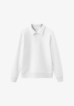 Svetlo siva puloverji z ovratnikom polo, tremi sprednjimi gumbi ter rebrastimi manšetami in spodnjim robom. Mehka, teksturirana tkanina.