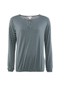 Langärmliges Top mit Rundhalsausschnitt und Knopf, aus weichem Stoff, dekoriert mit einem geometrischen Muster in Dunkelblau und Hellgrün.