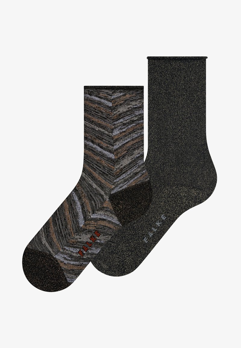 Paire de chaussettes mi-mollet, l'une avec un motif en zigzag noir et marron, l'autre unie gris foncé, toutes deux marquées du logo "FALKE" sur le pied.