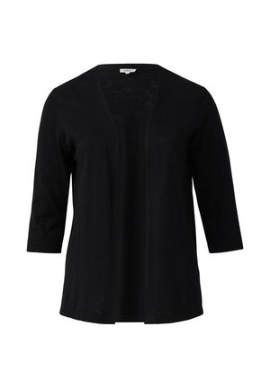 Black cardigan made of lightweight knit fabric, featuring a deep V-neck, three-quarter sleeves, and an open front design.
