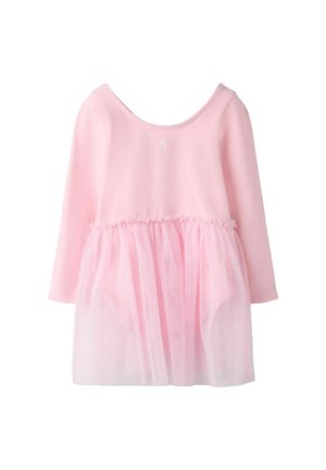 Langærmet pink kjole til småbørn med tylskørt lag og rynket talje, designet til afslappet brug eller fester.