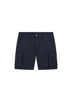 Pantalones cortos cargo azul marino con botón frontal, trabillas para cinturón, bolsillos laterales y bolsillos con solapa en cada muslo.