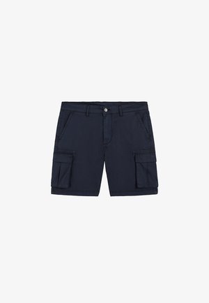 Pantalones cortos cargo azul marino con botón frontal, trabillas para cinturón, bolsillos laterales y bolsillos con solapa en cada muslo.