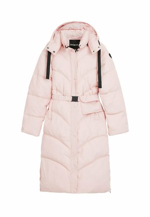 Padded pink coat with a belted waist, zip closure, and a high collar; features black strap accents and side pockets. Smooth texture.